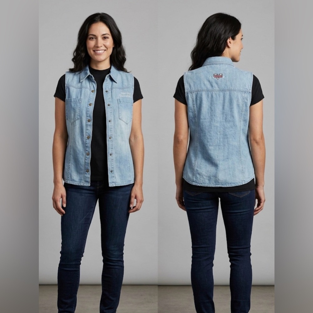 V Twin Motorcycle Apparel Womens Blue Jean Vest with Harley-Davidson embroidery